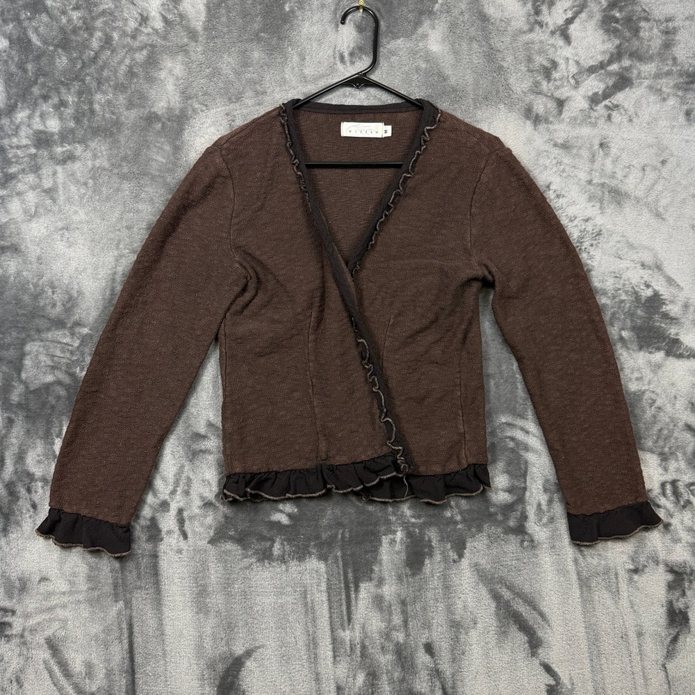 Willow Cardigan Sweater Womens Size Medium Brown Ruffle Trim Long Sleeve Wrap